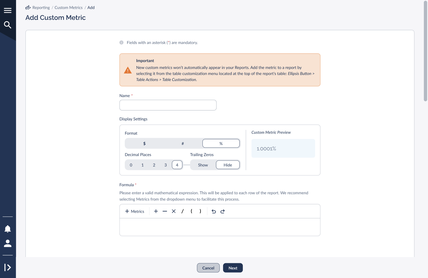 Add Custom Metric modal showing the Display Settings section with Decimal Places (0-4) and Trailing Zeros (Show/Hide) toggles